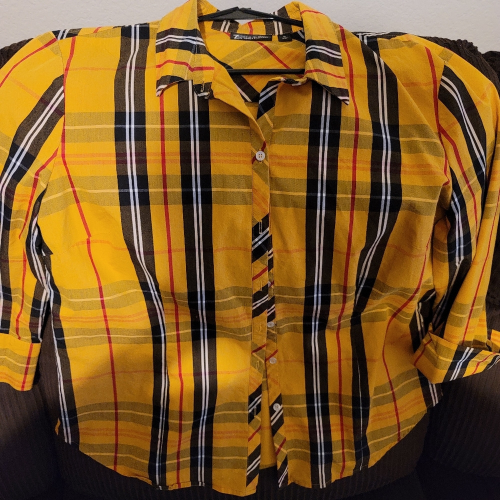 NY&Co gold plaid 3/4sleeve blouse